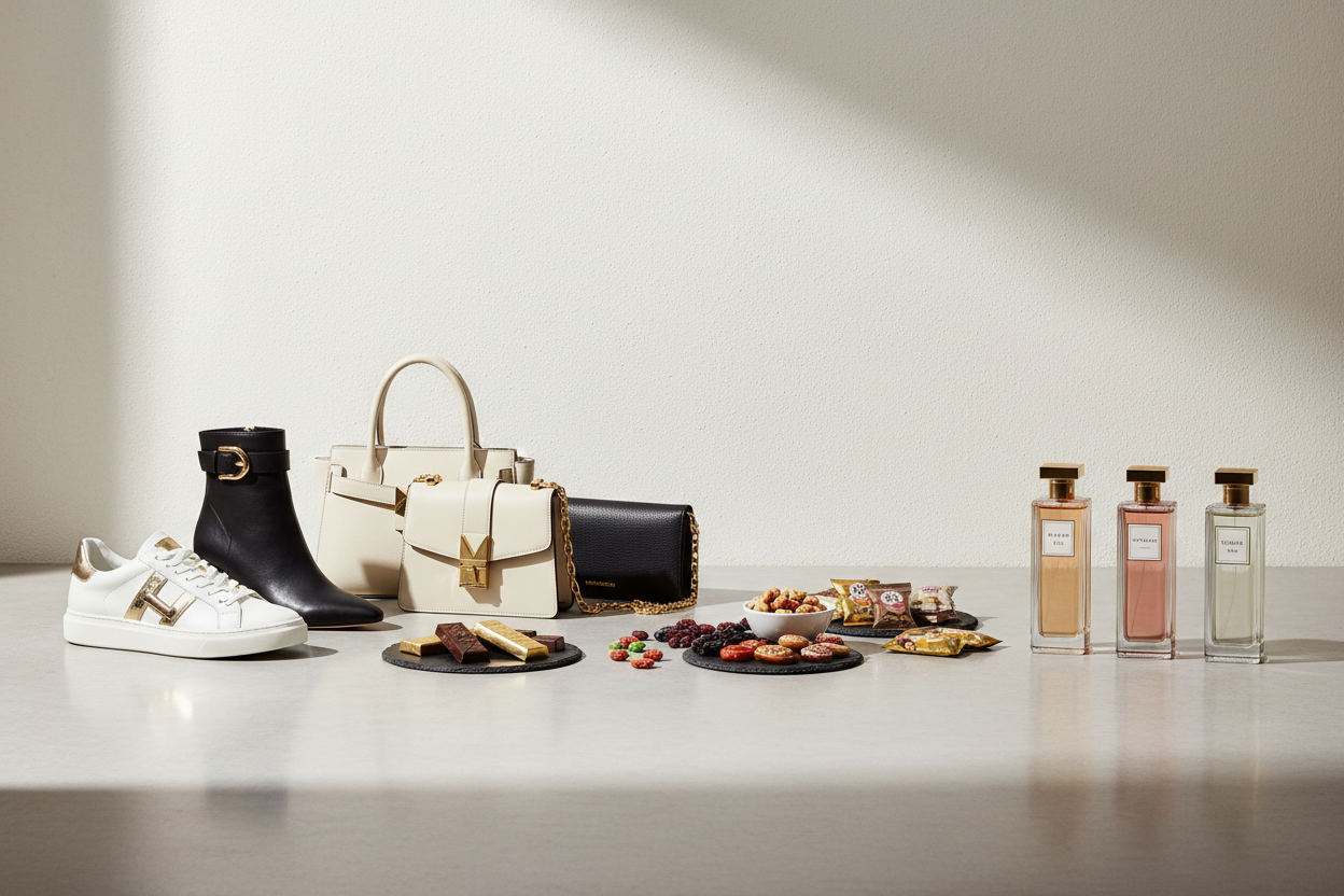 shoes, bags, snacks, perfumes